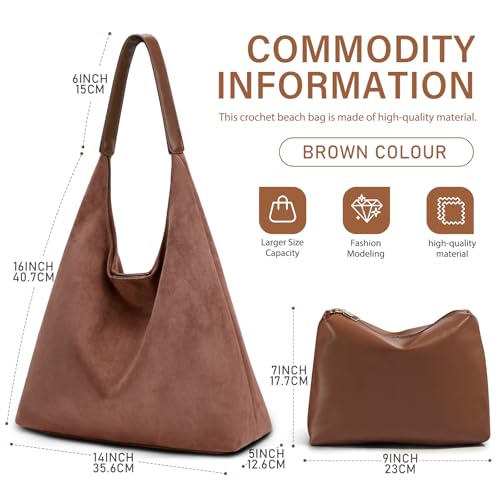 Image of 2-Piece Vegan Leather Purse Set for Women: Slouchy Hobo Shoulder Bag & Suede Tote Bag (Brown)