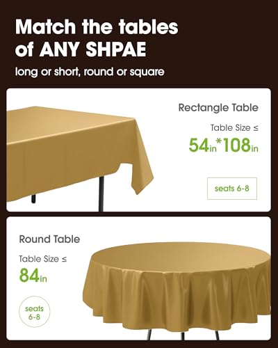 Image of Pureegg Plastic Table Cloth Disposable 6 Pack, 54 x 108 Inch, Gold | Graduation Party, Christmas Decor, Thanksgiving, Waterproof, Gold, Tablecloth