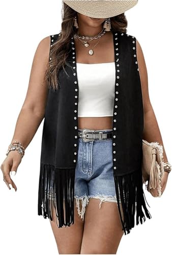 Womens Sleeveless Fringe Vest 70s Hippie Open Front Faux Suede Vest Tops Cowgirl Western Jacket Cardigan3