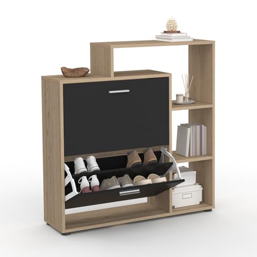 IDMarket - Meuble à chaussures 12 paires KLARK imitation hêtre 2 portes noires avec étagères