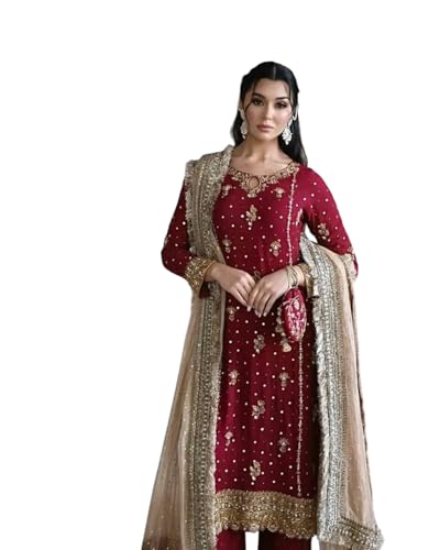 VS OPERATIONS Women's Faux Georgette Embroidered Straight Kurti With Pant & Dupatta Set (Maroon-L)