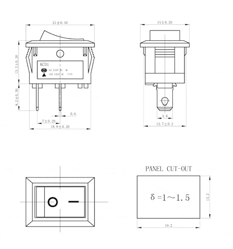 Wippschalter, Kippschalter, Geräteschalter, Mini-Wippenschalter 250V 6A 125V 10A AC, KCD1 (6V 9V 12V 24V 125V AC/DC) schwarz rechteckig 19 x 13 mm, 2 Polig EIN/AUS