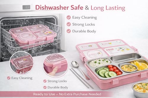 Image of TEC TAVAKKAL 4 Compartment Leak-Proof Lunch Box with Extra Steel Bowl & Lid, 900ML Bento Lunch Box | BPA Free | Includes Spoon, Fork & Chopsticks, Dishwasher Safe, Food Grade Durable Material (Pink)