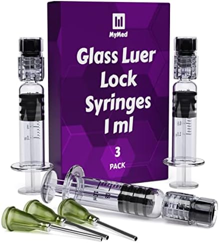 MyMed 3 Pack Borosilicate Glass Luer Lock Syringe 1ml Capacity Reusable Glass Syringes – Use for Arts and Crafts, Thick Liquids, Oils, Vet, Glue, Lab, Ink with 14GA Blunt Tip Pet Safe Needles