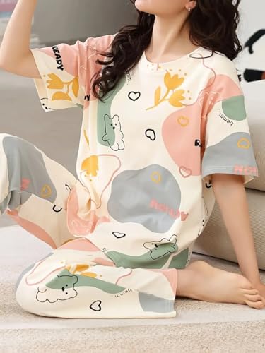 Image of GLASGO Women's Cotton Pajama Set with Top & Pants|| Korean Night Wear|| Loose Fit Home Wear || Lightweight Printed Set || Soft & Comfy Sleepwear for Girls & Women || LNS-4-$
