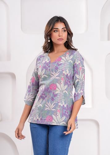 Image of MANHAREE Women's Cotton Floral Printed Short Kurti Top | V-Neck 3 /4 Sleeve Ethnic Tunic for Jeans | Casual Summer Wear Kurta for Women and Girls