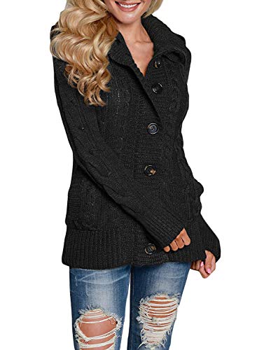 Cardigã feminino de malha com capuz e botão Sidefeel, Preto, X-Large