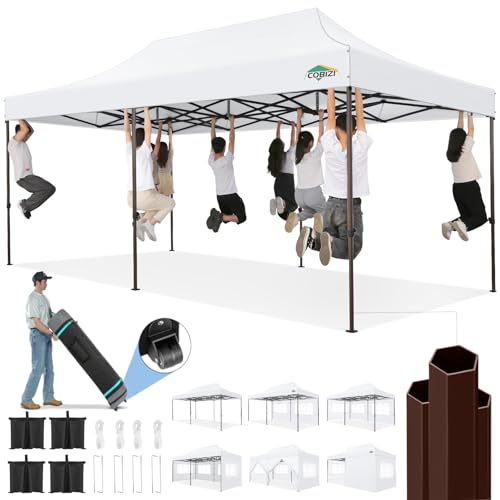 COBIZI Heavy Duty 10x20 Pop up Canopy Tent with 6 Sidewalls, Commercial Instant Canopies Tents for Parties Waterproof Gazebos with Roller Bag, All Season Wind & Waterproof UPF50+,Thickened Frame