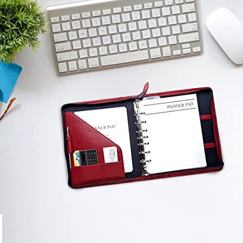 Planner Pad 7 Ring Loose Leaf Personal Size Cover, Fits 6 3/4” X 8 1/2" Size Planner Pages, Red Faux Leather #TOP1