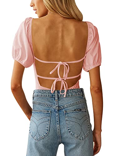 Image of oten Women's Sexy Backless Puff Sleeve Square Neck Tie Back Bodysuit Tops