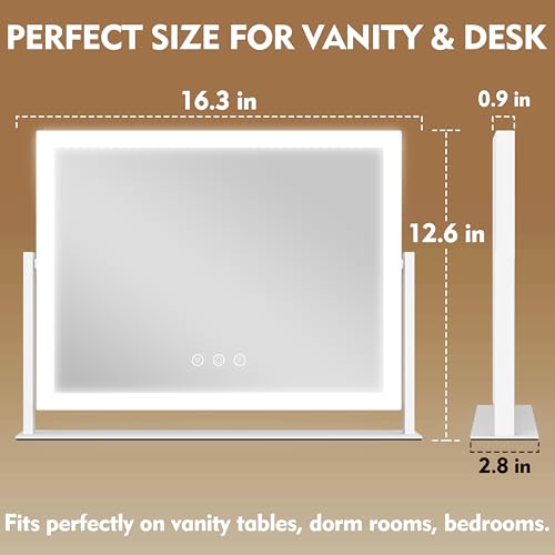 Image of ROLOVE Lighted Makeup Mirror 16.3 inchx12.6 inch, Hollywood Vanity Mirror with 10X Magnifier, 3 Color LED Lighting Modes, Smart Touch Control & 360 Rotation, Tabletop Makeup Mirror (White, Gift Ready)