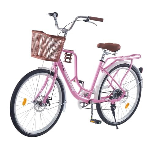 Image of BSTSEL 24/26 Inch Wheels Vintage bike for Girl City Classic Bicycle, Retro Bicycle With 7 Speed Gears, Dual Disc Brakes, Rack And Front Basket Formal Road Bike for Woman Commute (24 inch Pink)
