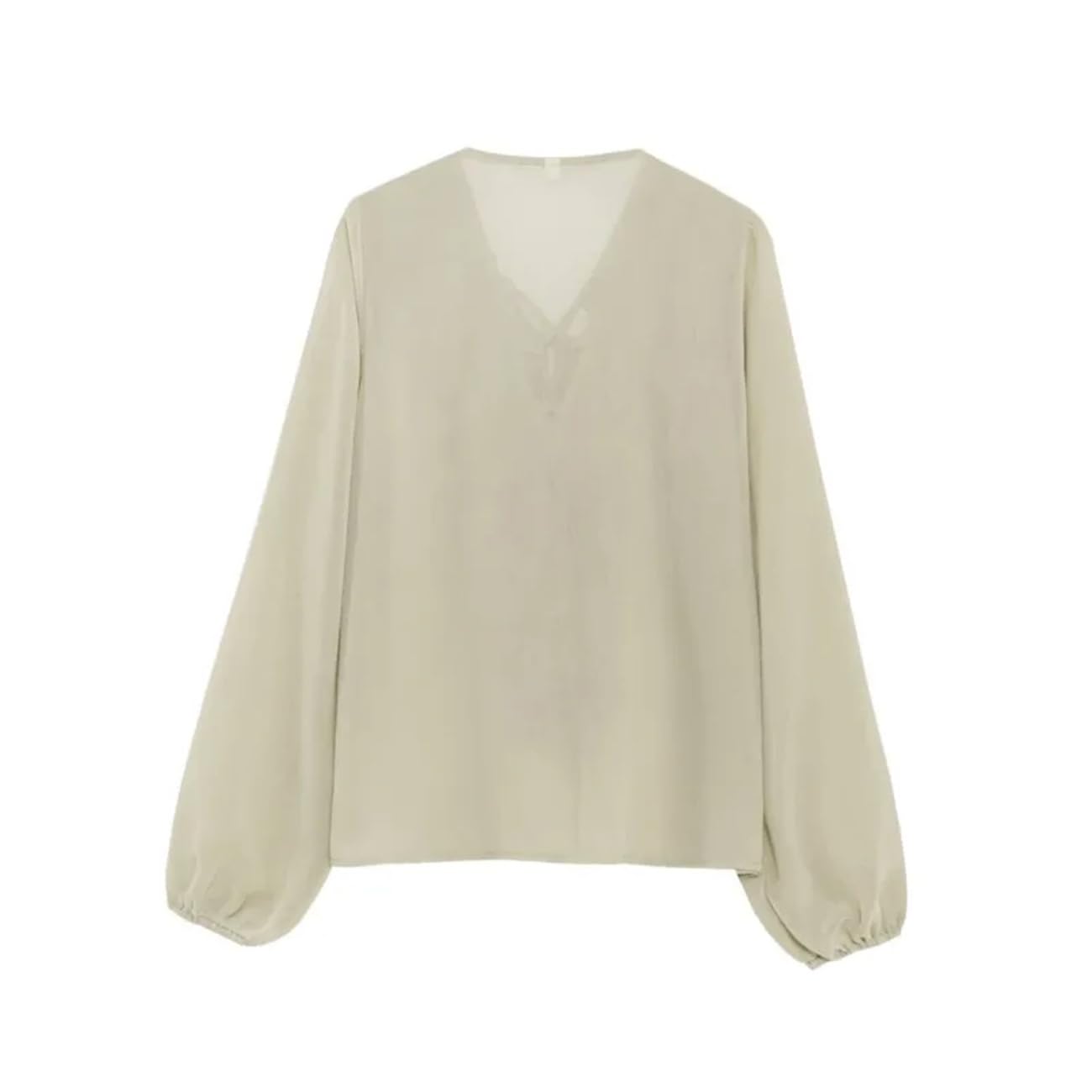 Halbtransparente Damenbluse mit Rüschenbesatz, Frühling, elegant, V-Ausschnitt, Schnürung, Damenbluse