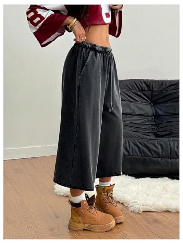 Women's Drawstring Waist Workout Sweat Shorts Wide Leg Baggy Washed Cropped Pants with Pockets3