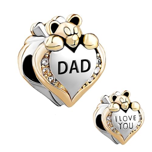 FGT Abalorio de corazón con texto en inglés 'I Love You Bear' compatible con pulseras Pandora para mujeres, familia, mamá, papá, hija, hermanas, nieta, cumpleaños, Navidad, talla única, Cobre Zirconia