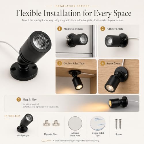 LED Spotlichter für den Innenbereich Schranklicht Bilderlichter Akzentlichter 1W 360° Schwenkbar Mini led spot für Schrank, Flur, Galerien, Geschäfte, Schmuckschrank (Warmweiß-6 Stück)