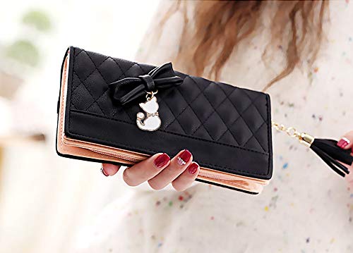 UTO Women PU Leather Wallet Large Capacity Cat Pendant Card Phone Holder Checkbook Organizer Zipper Coin Purse Zoey Black2