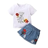 【DISEÑO】Conjunto de minifalda a la moda y con estilo. Camiseta de manga corta con estampado de letras "STOP AND SMELL THE Roses", a juego con minifalda vaquera con estampado de rosas. 2 piezas de ropa casual de verano para niñas pequeñas, hace que tu dulce sea más atractivo, ¡a ella le debe encantar!