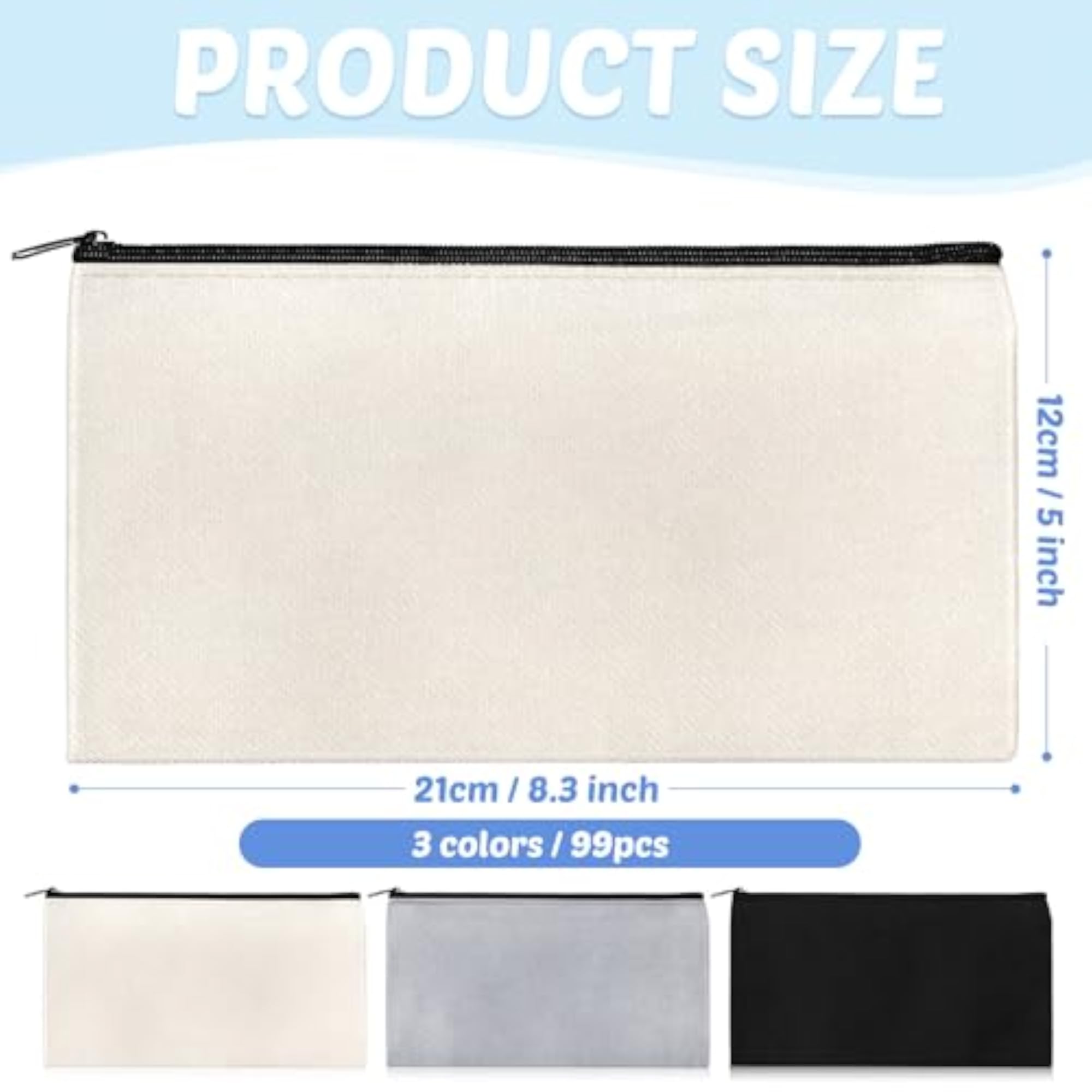 99 Pack Blank Cotton Canvas DIY Zipper Bags