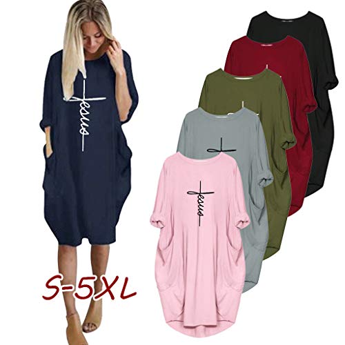 Foviguo Women's Short Sleeve Good Vibes Loose Pocket Oversize Tunic Dress Letter Print Faith Dresses Pink #TOP5
