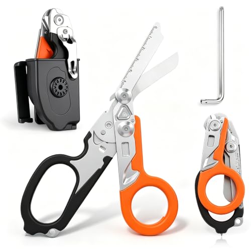 Rettungsschere 6 In 1 Multitool Kleiderschere Rettungsdienst Trauma Schere Rettungsdienst mit Schraubenschlüssel und Scheide Notfall Klappschere Raptor Schere für Rettungskräfte (Orange & Schwarz)