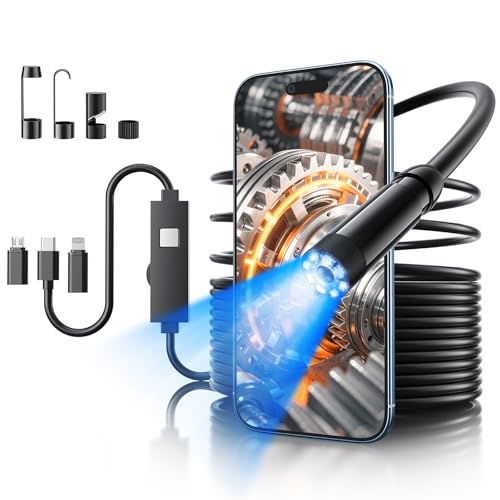 Endoscope Camera with Light, 1920P HD Bore Scope Borescope with 8 Lights, Waterproof 16.4FT Semi-Rigid Cord for Pipe Inspection, Industrial Endoscope for Phones(Black)