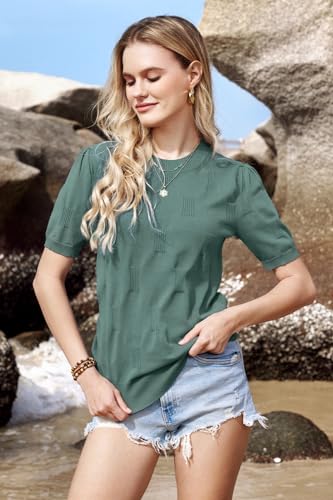 Image of Arach&Cloz Women's Short Sleeve Crew Neck Sweaters Trendy Teacher Work Tops | Lightweight&Breathable Fabric, Texture Knit Design, Relaxed Fit, Business Casual Outfits, Teacher Work Tops Fall 2026