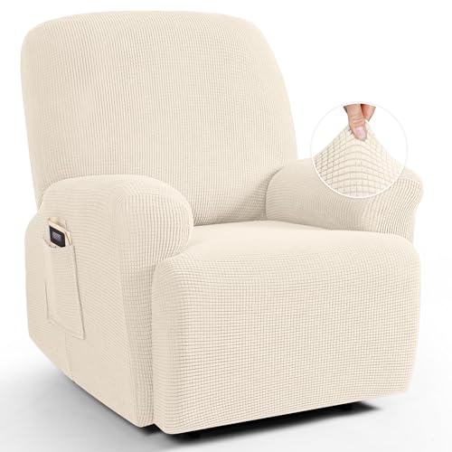 Recliner Cover 4-Pieces, TAOCOCO Recliner Stretch Sofa Slipcover Cover 1 Seat Couch Soft Furniture Protector with Elastic Chair Covers (Beige)