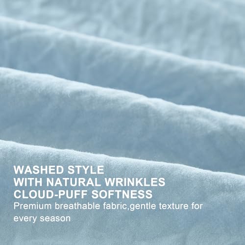 Image of Blue Ruffle Comforter Set Queen, Pre-Washed Shabby Chic Bedding Set, Lightweight Cottagecore Soft Romantic Cozy 1 Comforter & 2 Shams, All-Season