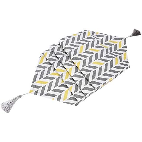 Prosperveil Modern Striped Checked Table Runner with Tassel Cotton Kitchen Dinner Coffee Table Runner Cloth Cover Wedding Party Decoration 13 x 71 inch (Grey and Yellow) Cover