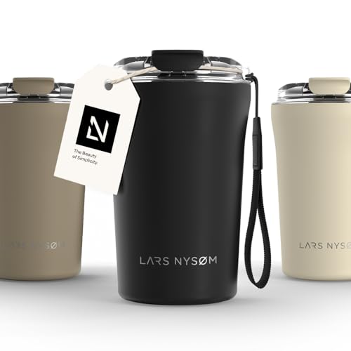 Image of LARS NYSOM Thermo Coffee Mug to go with Strap 13oz | Travel Mug 0.38 Liter with Insulation | Leak Proof Stainless Steel Thermal Tumbler for Coffee and Tea to Go (Carbon Black, 12.9oz)