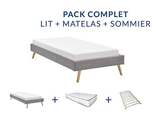 UsineStreet Ensemble lit Ulla avec Matelas à mémoire de Forme + sommier à Lattes - Couleur - Gris Clair, Largeur - 90 cm, Matière - Tissu