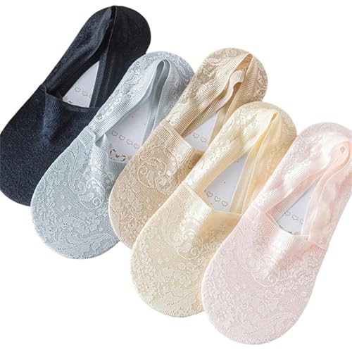 DuomaiJJ - DuomaiJJ Chaussettes 5 paires mode femmes filles style été dentelle fleur pas de spectacle chaussettes courtes antiskid-mixed color