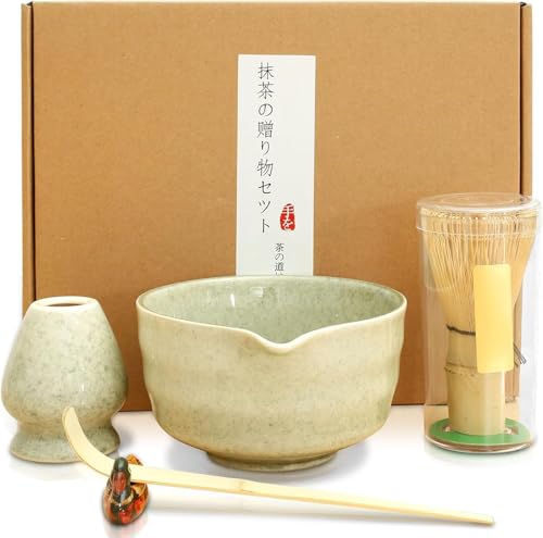 Juego de 5 batidores de matcha, juego de té matcha japonés, elegante cuenco de cerámica para matcha, soporte para batidor de matcha de bambú y cuchara de bambú, kit de ceremonia de matcha hecho a mano