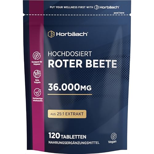 Rote Beete Tabletten Hochdosiert 36.000mg | 12.000mg pro Tablette | Rote Bete Extrakt | 120 Vegane Stück | Beetroot Extrakt | Horbaach
