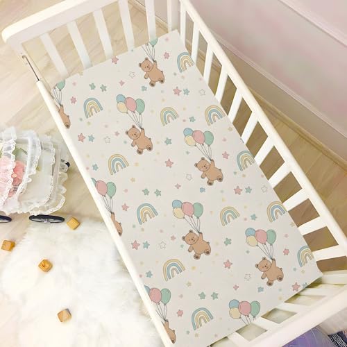 Image of Cute Bear Pattern Crib Sheets Stretchy Portable Sheets for Baby Toddler Breathable Soft Crib Mattress Sheet for Girls Boys