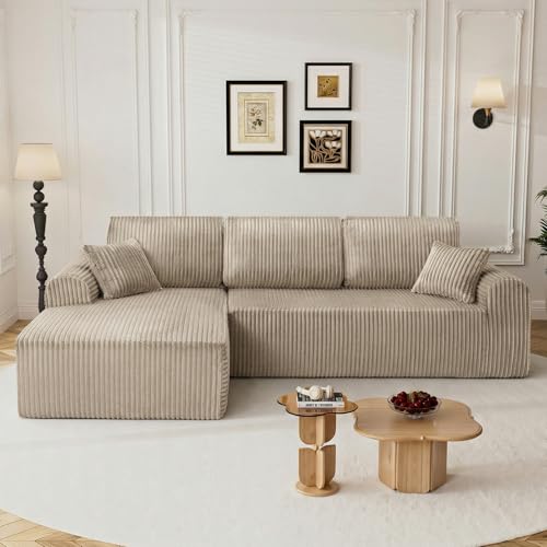 Image of 110 inch L Shaped Boneless Sectional Couches for Living Room, Comfy Corduroy Floor Cloud Sofa with Chaise, Wide Armrest, Deep Seat, Memory Foam, Assembly Free, Ideal for Small Spaces, Brown