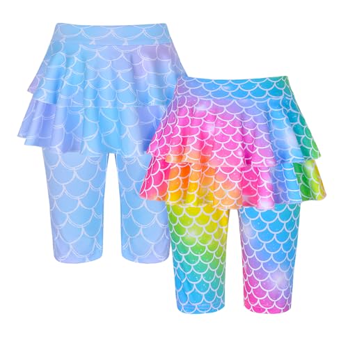 Girls Knee Length Skirt Shorts Capri Leggings Mermaid Unicorn Kids Summer Pants Footless Tights with Ruffle Skirt 2 Packs