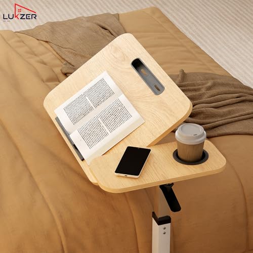 Image of Lukzer MST-003 White Frame Oak Light Tilt Top Overbed Table with Cupholder & Wheels | Adjustable Height Laptop Desk for Bed & Sofa | Rolling Bedside Table for Home, Hospital, Office Use | 40x76x95 cm