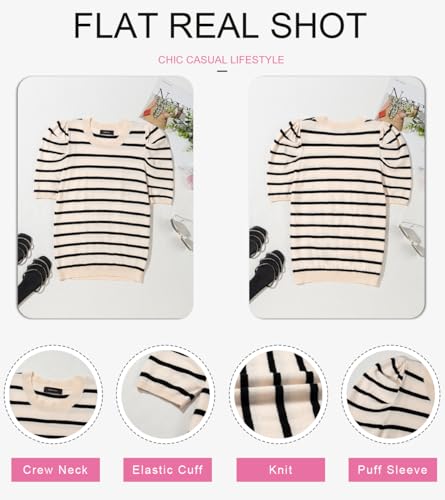 Dokotoo Women’s Short Puff Sleeve Knit Tops 2025 Trendy Crewneck Striped T Shirts Casual Summer Blouses