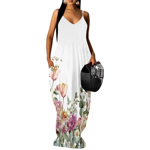 Image of SUZONANA Women's Plus Size Summer Dresses Spaghetti Print Maxi Dresses Long Loose Sundresses