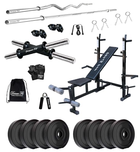 Image of DREAM FIT PVC Home Gym Set - 24 Kg with 8in1 Gym Bench, 3 ft Curling Rod, 5 ft Straight Rod, 1 Pair Dumbbell rods and Gym Accessories (24kg)