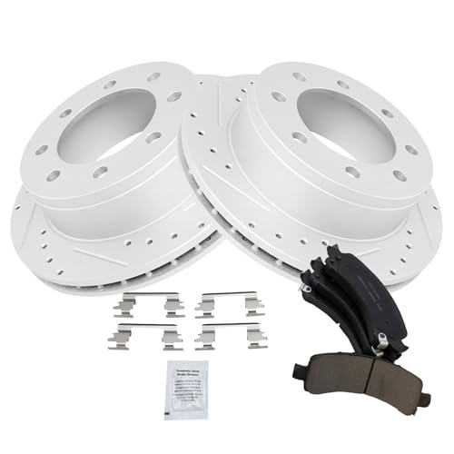 Image of TRQ Performance Rear Brake Pad and Rotor Set Ceramic Drilled Slotted G Coated Rotors Compatible with 2006-2016 Chevrolet Express 2500 2003-2016 Express 3500 GMC Savana 2500 Savana 3500