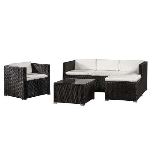 Juskys Salon de Jardin en polyrotin Lounge Punta Cana L, résistant aux intempéries - avec canapé, Fauteuil, Tabouret, Table & Coussins 4-5 Personnes Ensemble de...