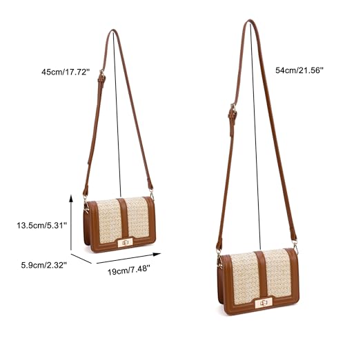 Image of FALETO Straw Crossbody Bags for Women Summer Leather Stitching Straw Flap Bag Handbag Shoulder Clutch Purse