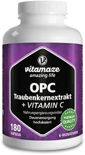 OPC Grape Seed Extract Capsules + Vitamin C, High Strength: 450 mg Certified OPC + 100 mg Vitamin C, 180 Capsules for 6 Months, Natural Supplement Without Additives, Made in Germany