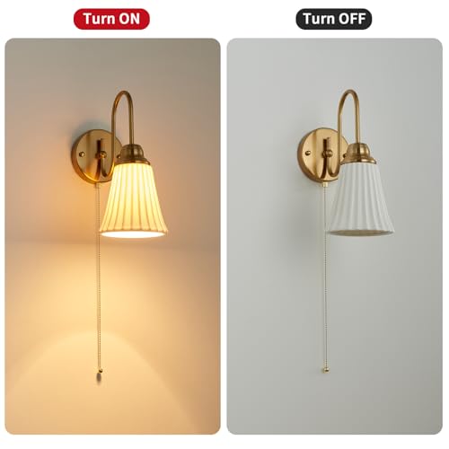 Image of Hardwired Wall Sconces Wall Lighting Set of 2, Modern Ceramic Gold Wall Sconce Light with Pull Chain Switch, Indoor Bedside Wall Lamp Light Fixture for Living Room Bedroom Kitchen Home Office Hallway
