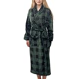 Elegant Comfort Luxurious Womens Spa Plush Fleece Plaid Bathrobe with Shawl Collar and Pockets - Velvet Soft Fluffy, Warm Long Spa Robe for Women, Medium, Buffalo Black/green