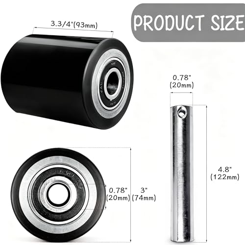 Image of Pair of Pallet Jack Load Wheels Replacement Kit with PU Tread Wheel 3 x 3.75 inch,Pre-Installed Bearings ID 20mm,Axles(Length 4.8 inch) and Pins,also for Manual Hand Lift Truck Rear (1, Black)