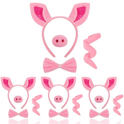 Mototo 16 Pieces Pig Costume Set Pig Ears Headband Nose Bow Tie Tail Fancy Cosplay Pink Animal Costume Accessories for Halloween Christmas Cosplay Animal Dress up Party